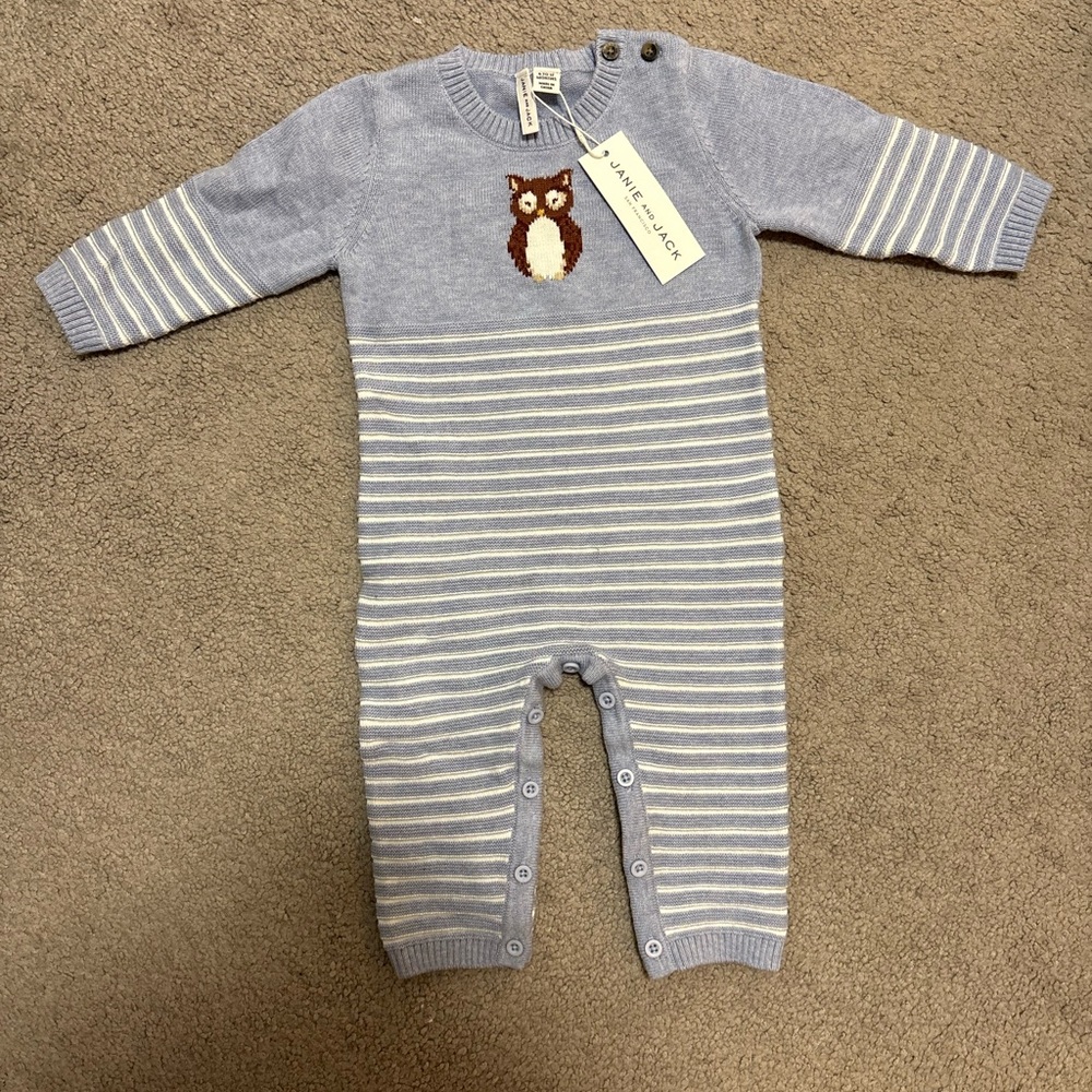 Janie and Jack Light Blue & White Striped Owl Knit One-Piece